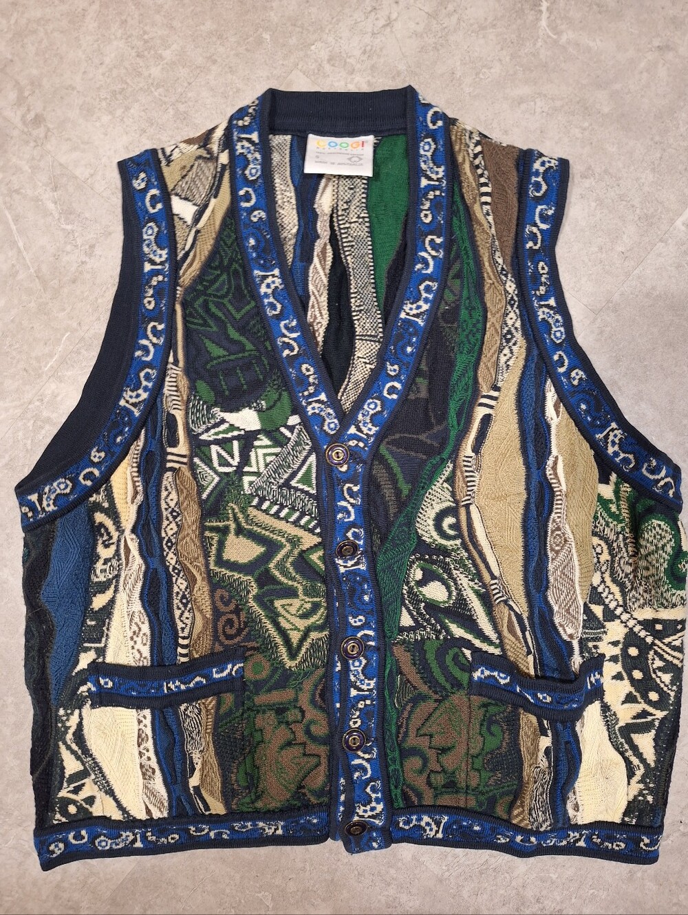 COOGI Multicolor Patterned Knit Vest in Blue, Green & Tan - Vintage